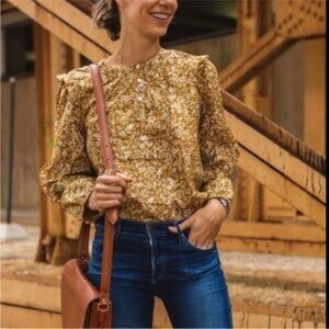 J. Crew Golden Yellow Floral‎ Print Ruffle Detail Top